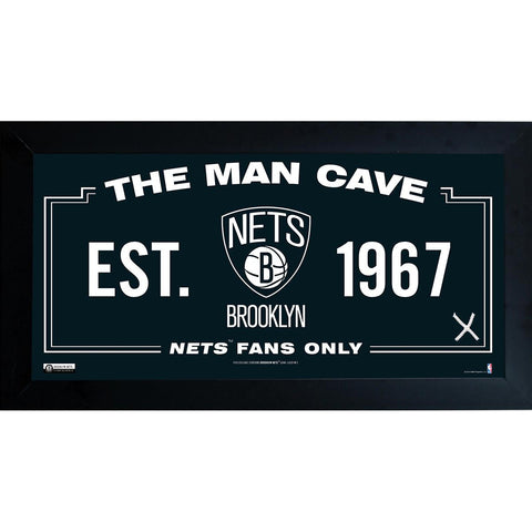 Brooklyn Nets Man Cave Sign 10x20 Framed Photo w Game used Net