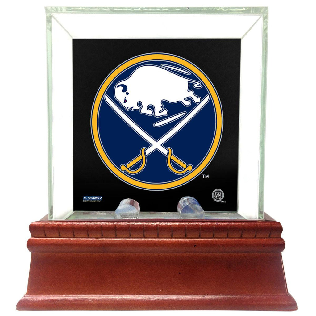 Buffalo Sabres Glass Single Puck Case with Team Logo Background