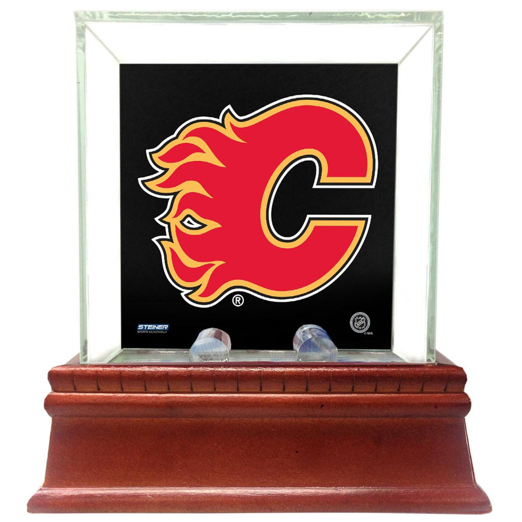 Calgary Flames Glass Single Puck Case with Team Logo Background