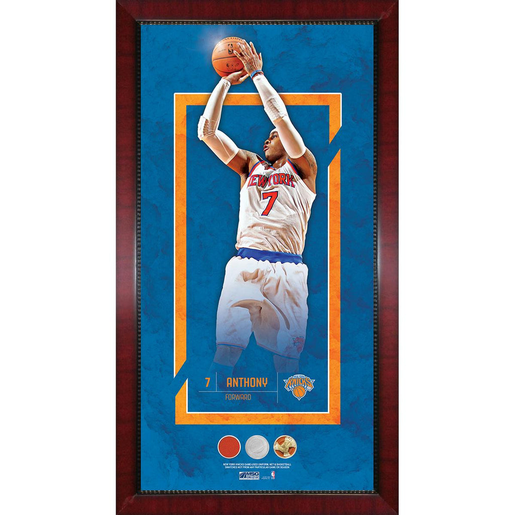 Carmelo Anthony Player Collage 16x32 Framed Photo w Game Used Net Jersey and Basketball