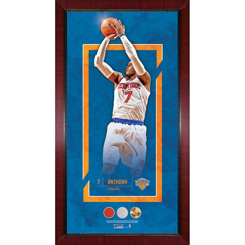 Carmelo Anthony Player Collage 16x32 Framed Photo w Game Used Net Jersey and Basketball