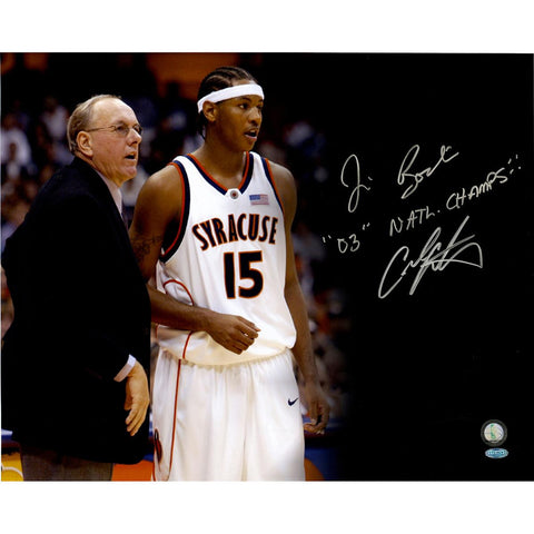 Carmelo AnthonyJim Boeheim Dual Signed Black Background Signed 16x20 photo w 2003 Champs Insc.