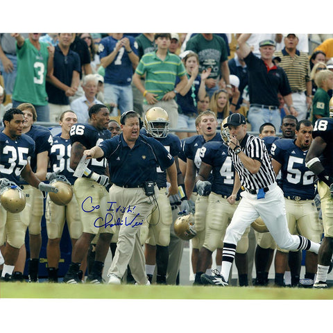 Charlie Weis Running Down Sidelines w Go Irish Insc. 16x20 Photo