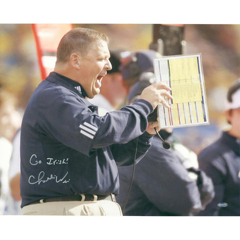 Charlie Weis Yelling from Sidelines w Go Irish Insc. 16x20 Photo