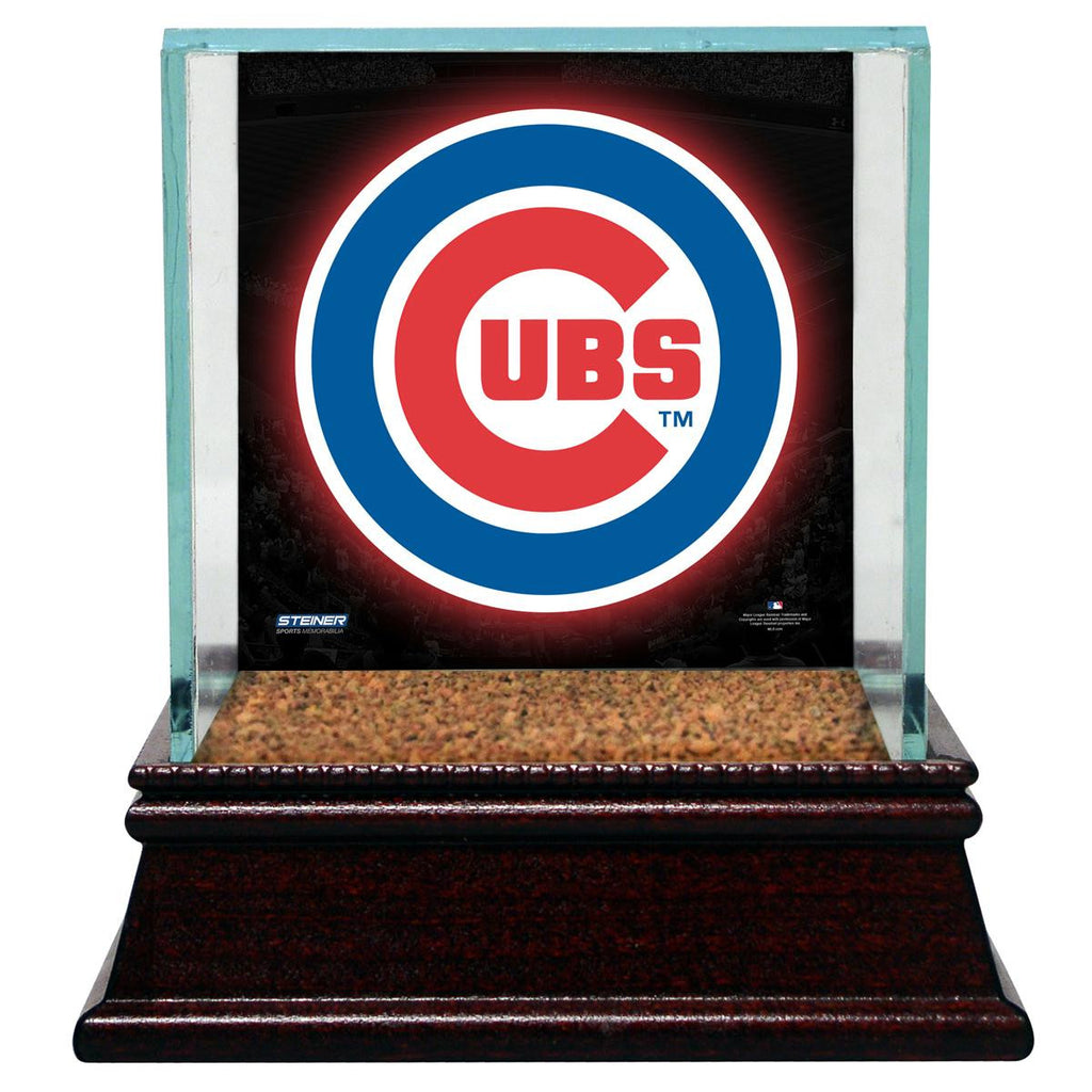 Chicago Cubs Glass Single Baseball Case with Team Logo Background and Authentic Field Dirt Base (MLB Auth)