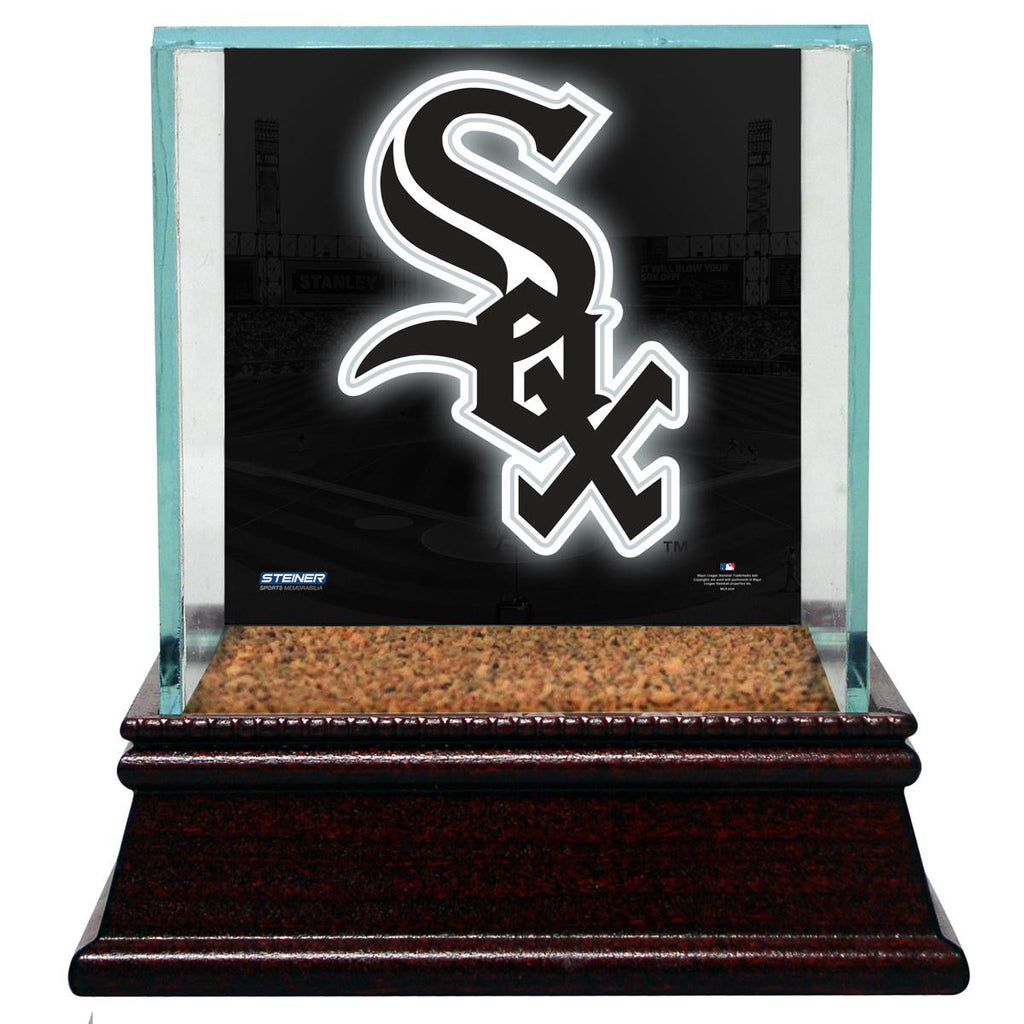 Chicago White Sox Glass Single Baseball Case with Team Logo Background and Authentic Field Dirt Base (MLB Auth)