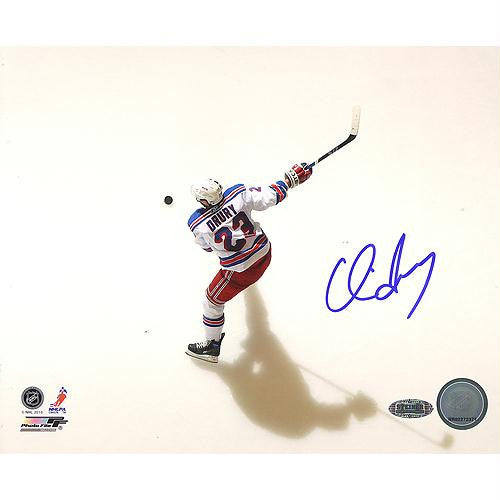 Chris Drury Rangers White Jersey Slap Shot Overhead Horizontal 8x10 Photo