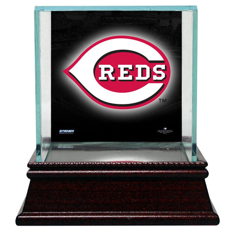 Cincinnati Reds Glass Single Baseball Case with Team Logo Background