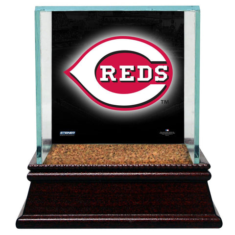 Cincinnati Reds Glass Single Baseball Case with Team Logo Background and Authentic Field Dirt Base (MLB Auth)