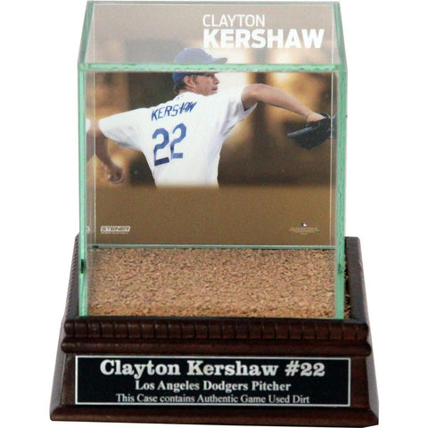 Clayton Kershaw Throwing Background Glass Single Baseball w Dodger Stadium Authentic Dirt & Nameplate