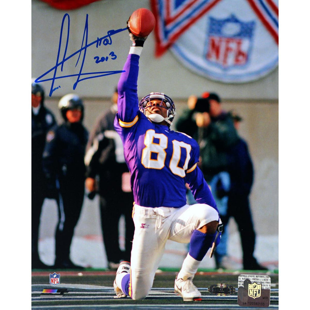 Cris Carter Vikings On Knee with Ball In Air Signed 16x20 Photo w HOF Insc.