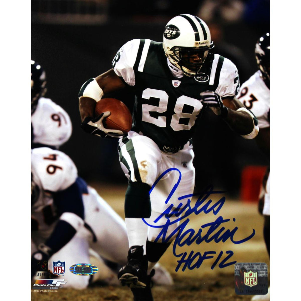 Curtis Martin Jets Signed (in Blue) Run vs. Broncos 8x10 Photo w HOF 12 Insc.