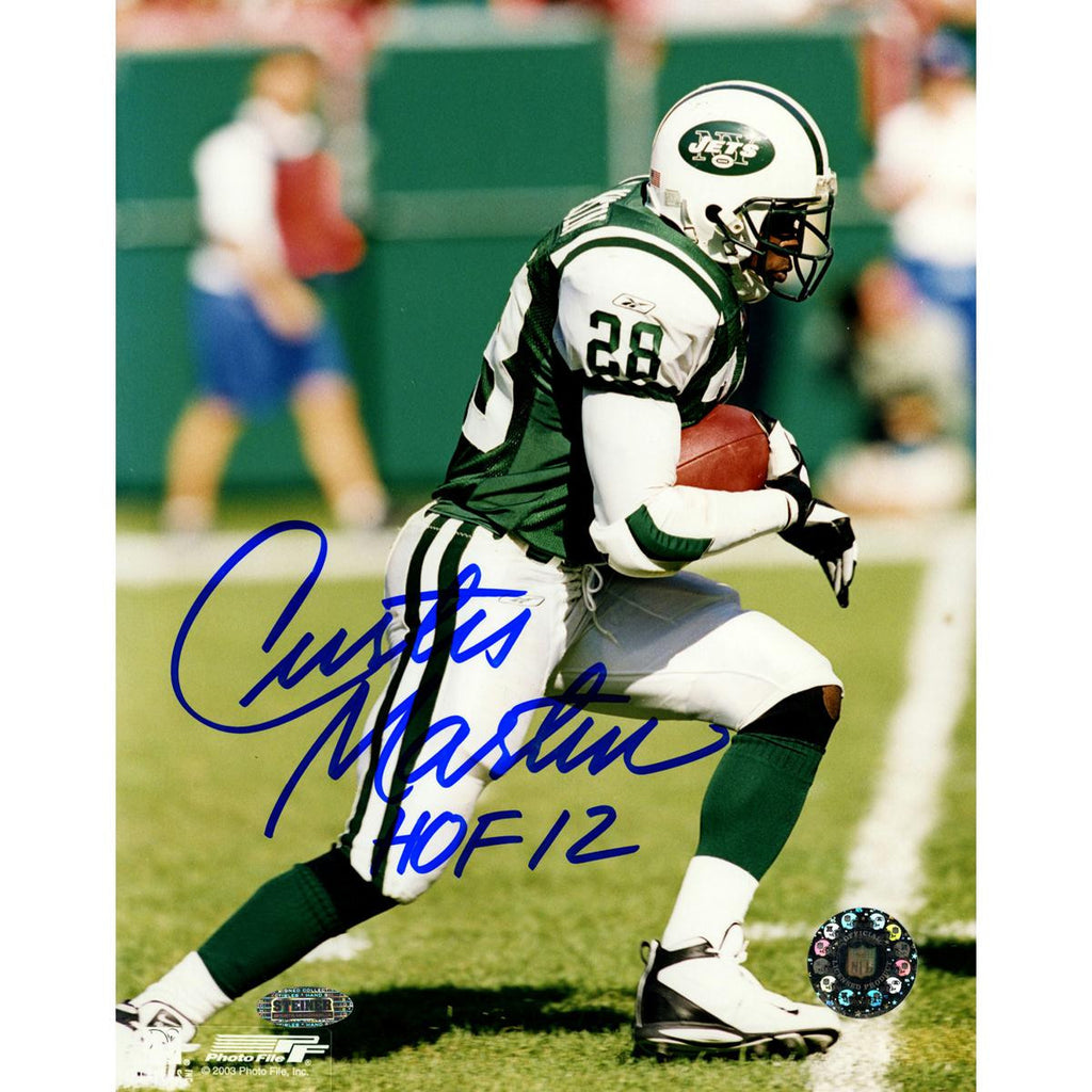 Curtis Martin Jets Signed Side View Running 8x10 Photo w HOF 12 Insc.