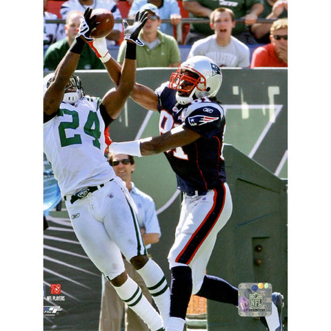 Darrelle Revis Interception vs Randy Moss of The New England Patriots Vertical 8x10 Photo