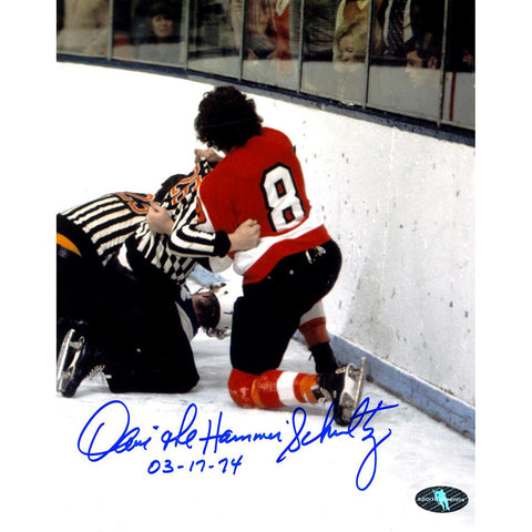 Dave Schultz vs. Lanny McDonald Philadelphia Flyers Autographed 8x10 Photo w 03-17-74 Insc (Sport Authentix Auth)