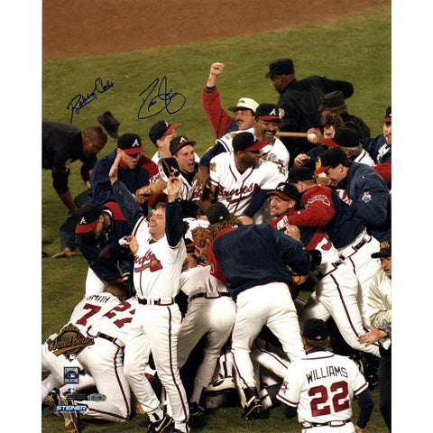 David JusticeBobby Cox Dual Signed 1995 WS Celebration 16x20 Photo