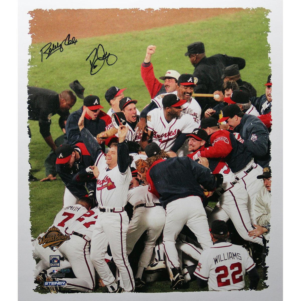 David JusticeBobby Cox Dual Signed 1995 WS Celebration 22x26 Canvas