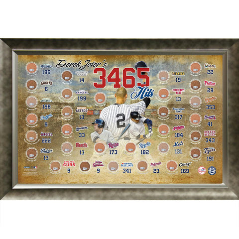 Derek Jeter 3465 Career Hits MLB Map 20x32 Framed Collage w Game Used Dirt From 30 Parks