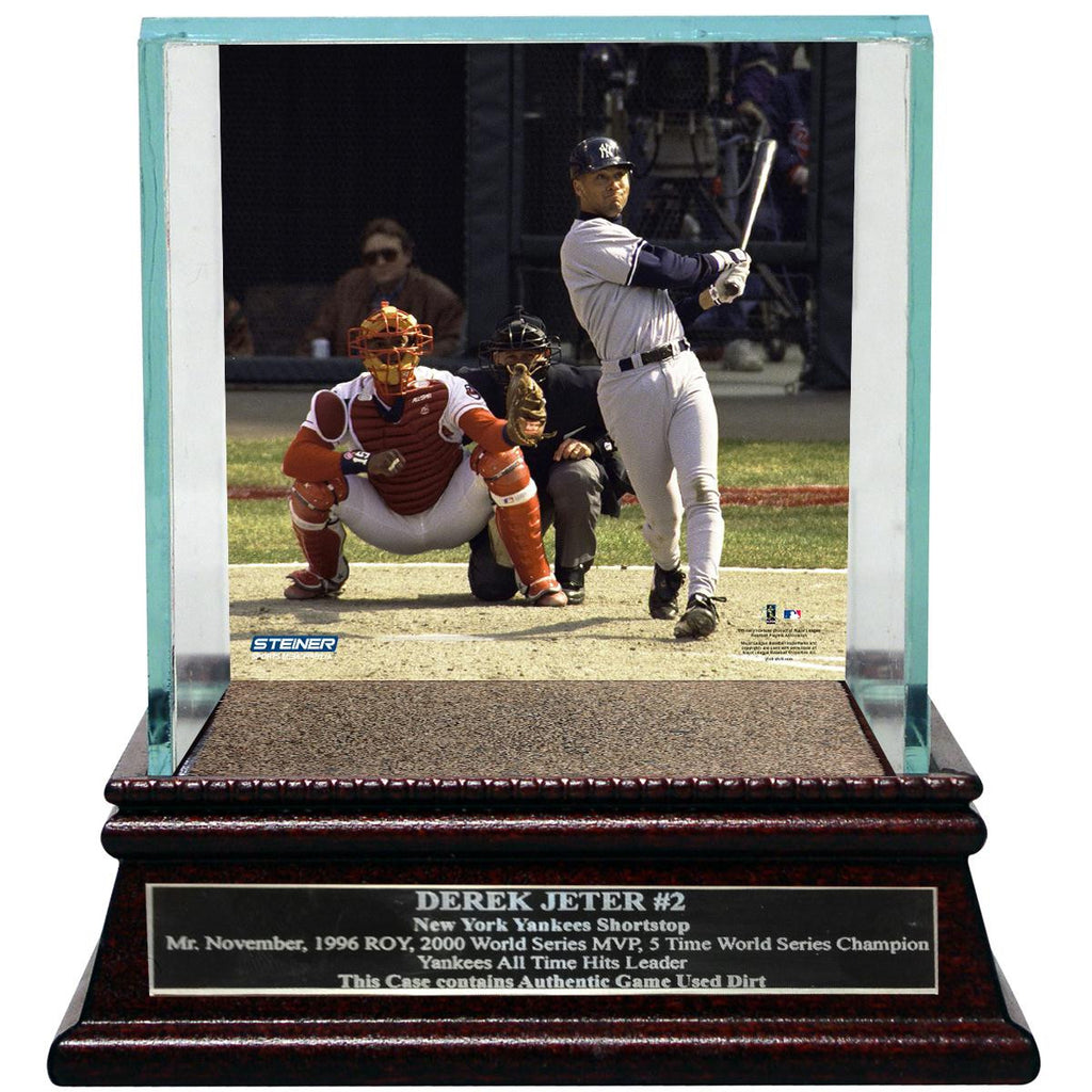 Derek Jeter Moments: 1st Career Homerun Background Glass Single Baseball Case w Yankee Stadium Authentic Dirt & Nameplate