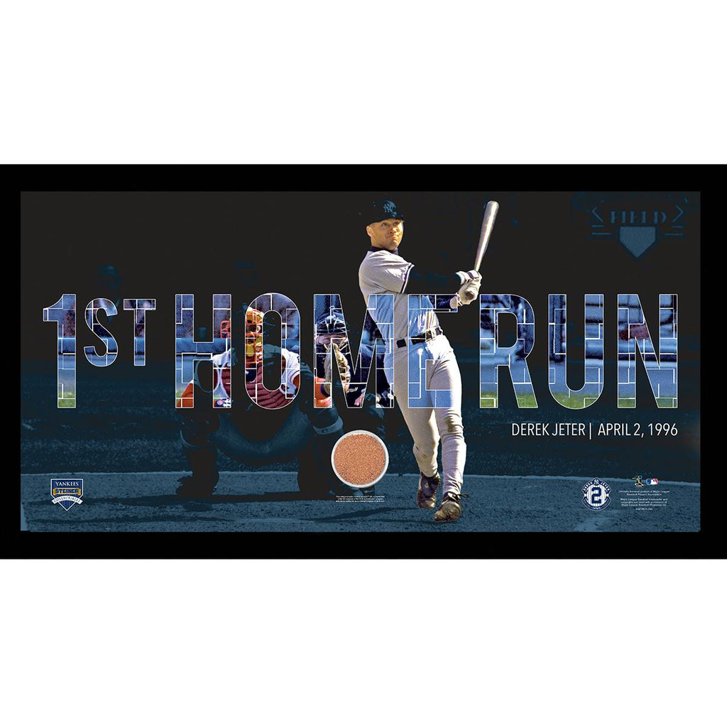 Derek Jeter Moments: 1st Career HR Collage Text Overlay w Game Used Dirt Framed 9.5x19 7331 Style