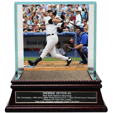 Derek Jeter Moments: 1st Grand Slam Background Glass Single Baseball Case w Yankee Stadium Authentic Dirt & Nameplate