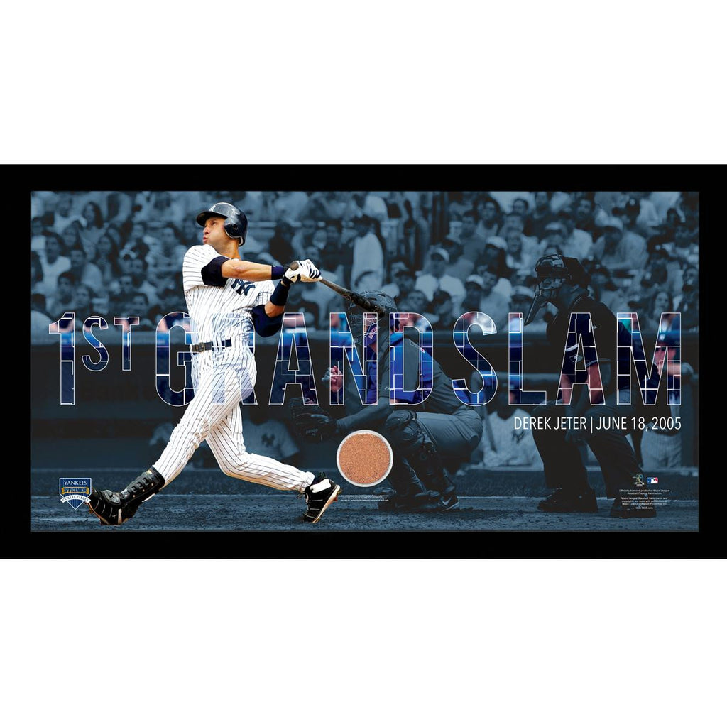 Derek Jeter Moments: 1st Grand Slam Collage Text Overlay w Game Used Dirt Framed 9.5x19 7331 Style