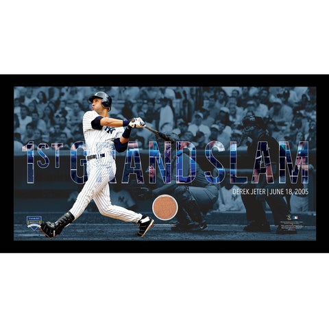 Derek Jeter Moments: 1st Grand Slam Collage Text Overlay w Game Used Dirt Framed 9.5x19 7331 Style