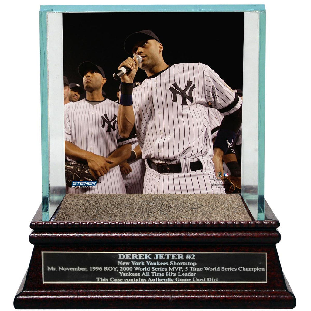 Derek Jeter Moments: Farewell Speech Background Glass Single Baseball Case w Yankee Stadium Authentic Dirt & Nameplate