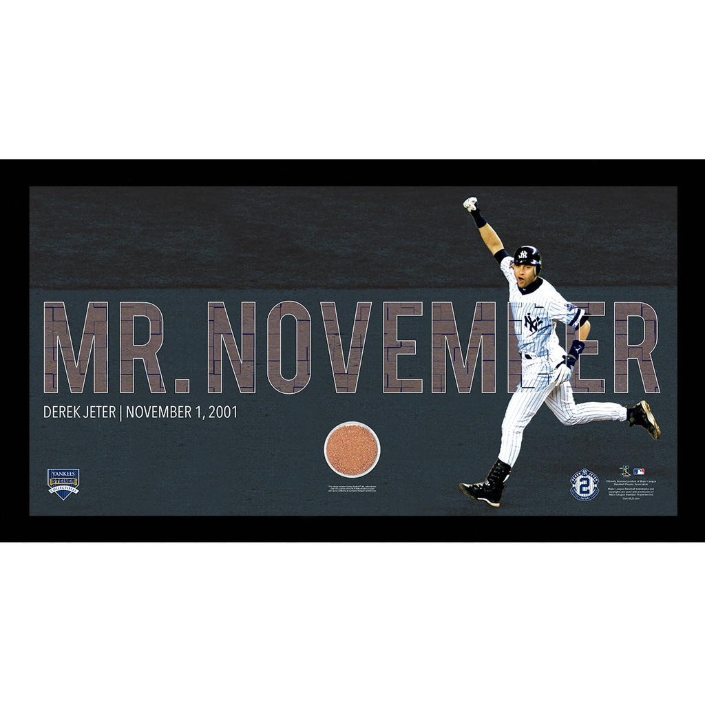 Derek Jeter Moments: Mr. November Collage Text Overlay w Game Used Dirt Framed 9.5x19 7331 Style