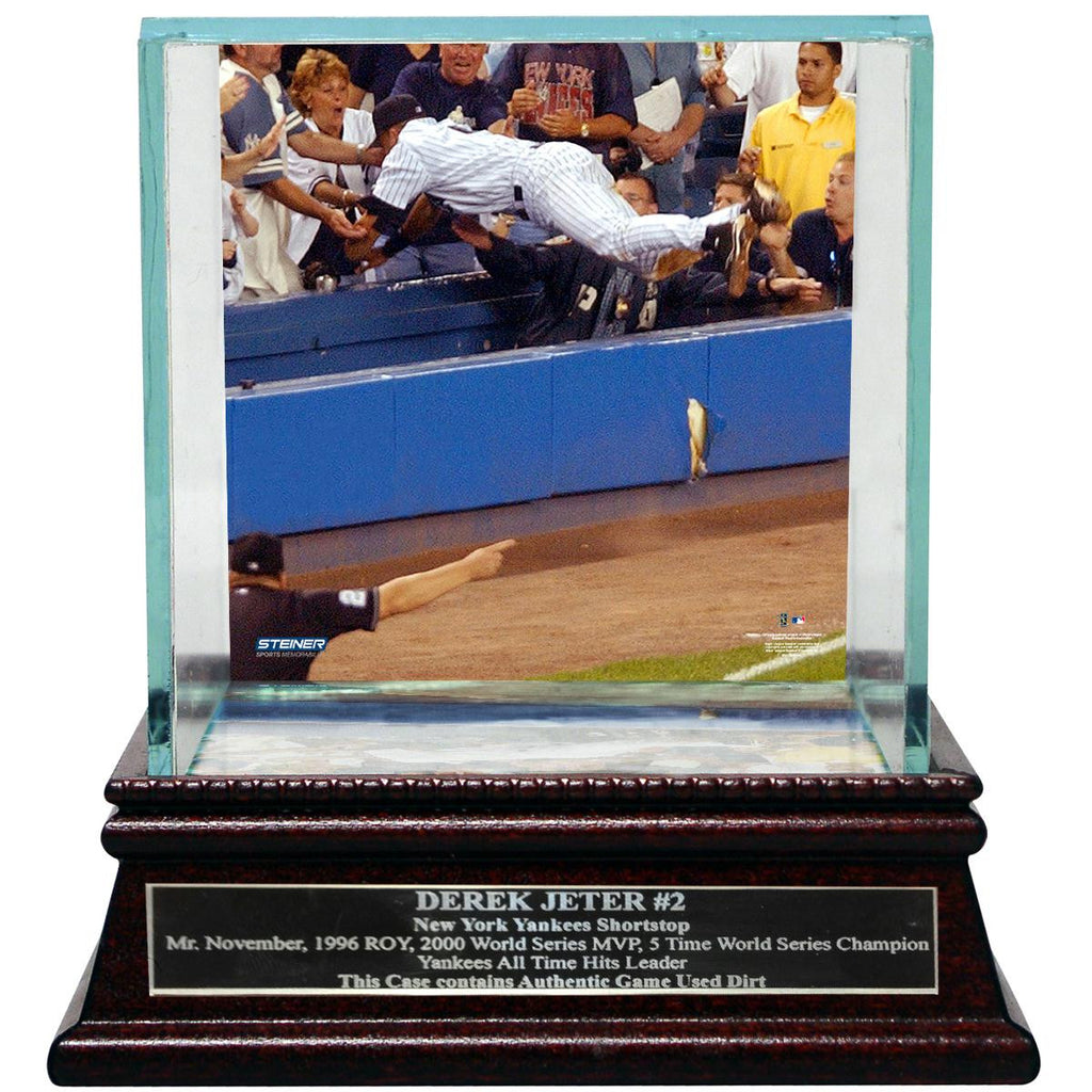 Derek Jeter Moments: The Dive Background Glass Single Baseball Case w Nameplate