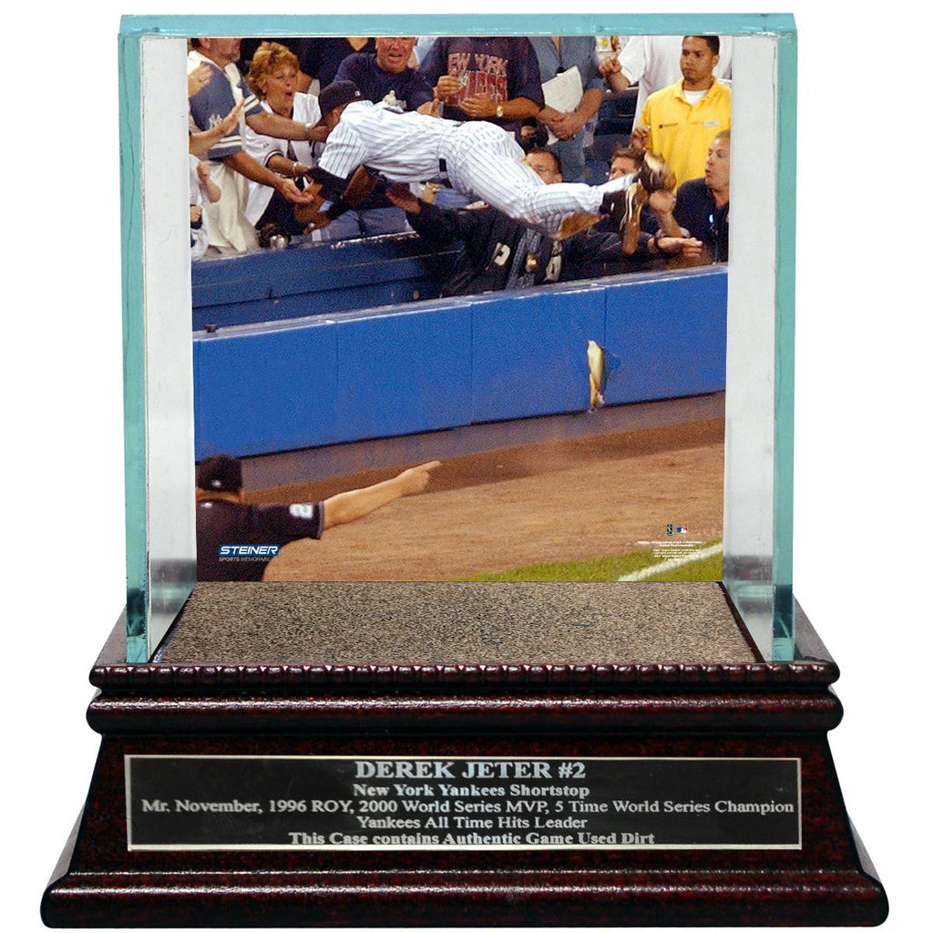 Derek Jeter Moments: The Dive Background Glass Single Baseball Case w Yankee Stadium Authentic Dirt & Nameplate