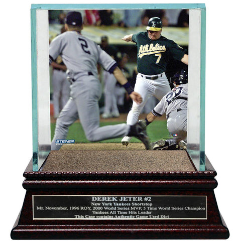 Derek Jeter Moments: The Flip Background Glass Single Baseball Case w Yankee Stadium Authentic Dirt & Nameplate