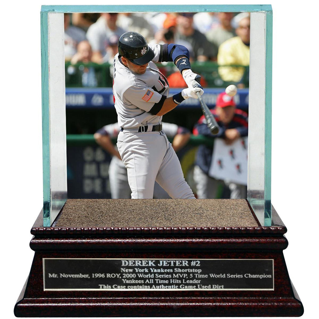 Derek Jeter Moments: WBC Background Glass Single Baseball Case w Yankee Stadium Authentic Dirt & Nameplate