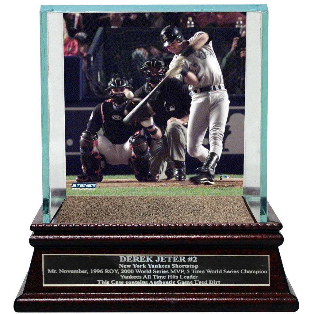 Derek Jeter Moments: World Series MVP Background Glass Single Baseball Case w Yankee Stadium Authentic Dirt & Nameplate