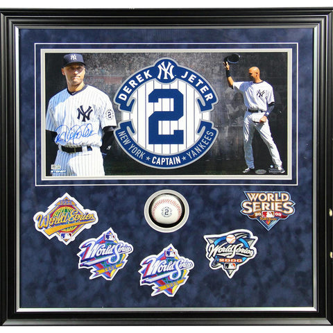 Derek Jeter Signed Final Season 24x24 Framed Collage w 5 World Series Patches and Final Season Baseball