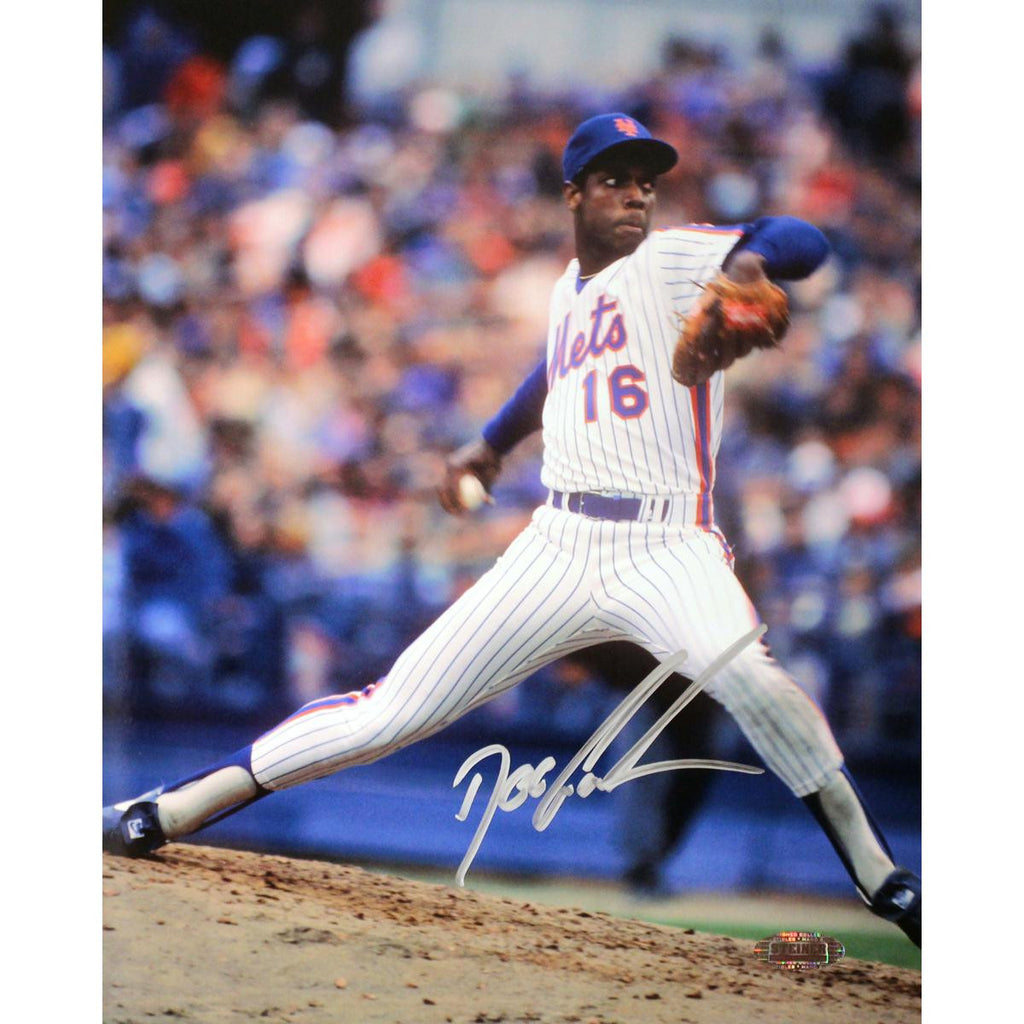 Doc Gooden Mets Pinstripe Jersey Pitching Vertical 8x10 Photo (Signed in Silver)