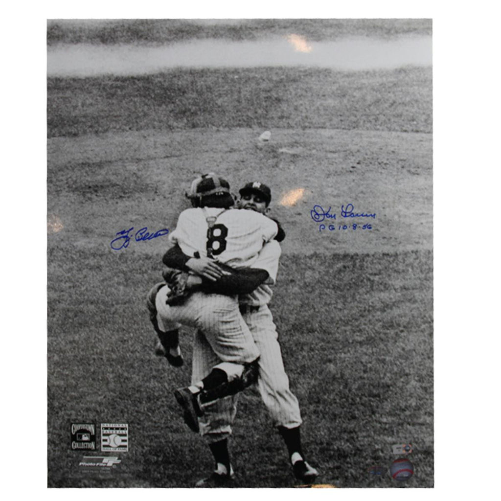 Don LarsenYogi Berra Dual Signed Hug Close Up Vertical B&W 16x20 Photo w PG Insc. by Larsen (MLB AUTH)