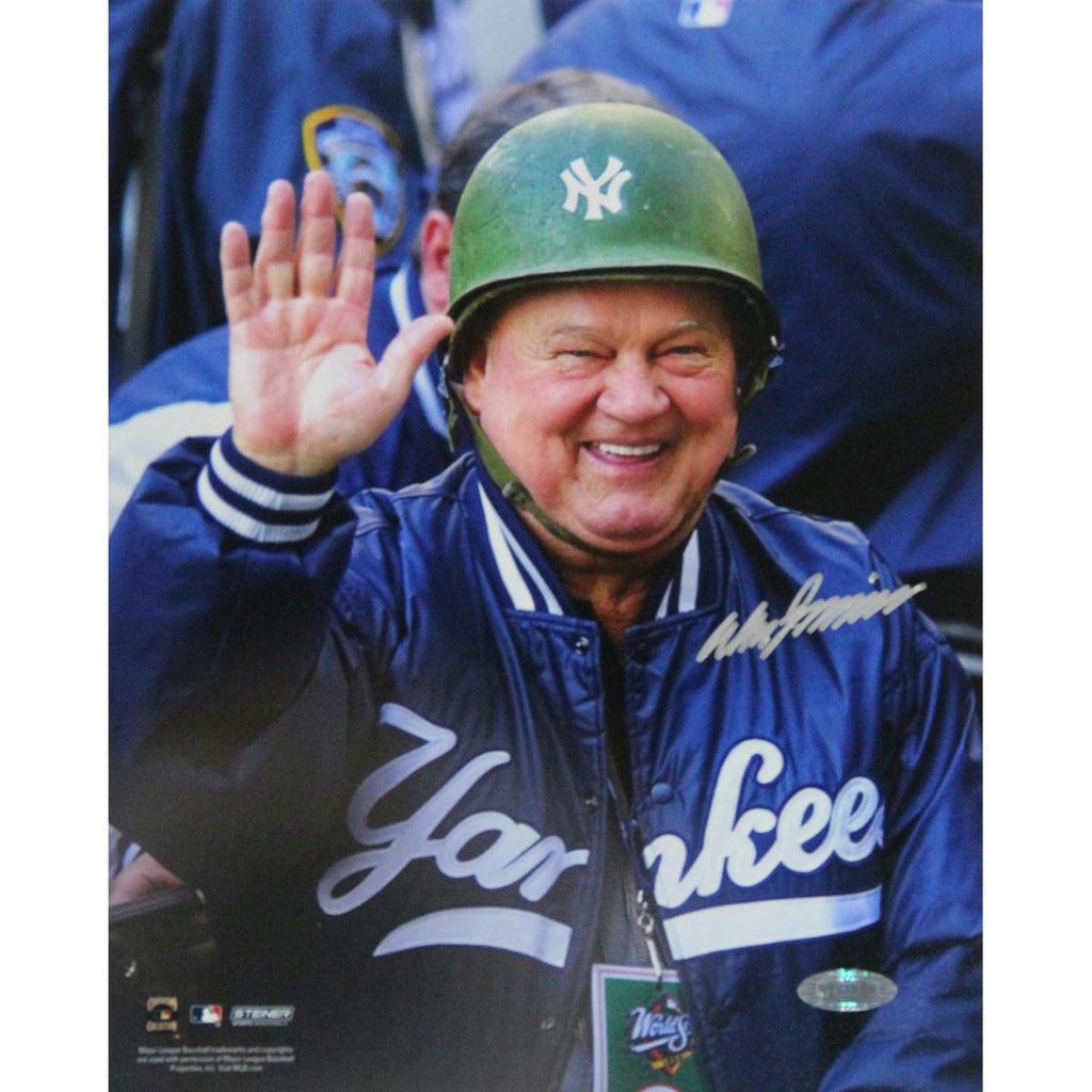 Don Zimmer Signed Wearing Green Yankees Hard Hat Vertical 8x10 Photo