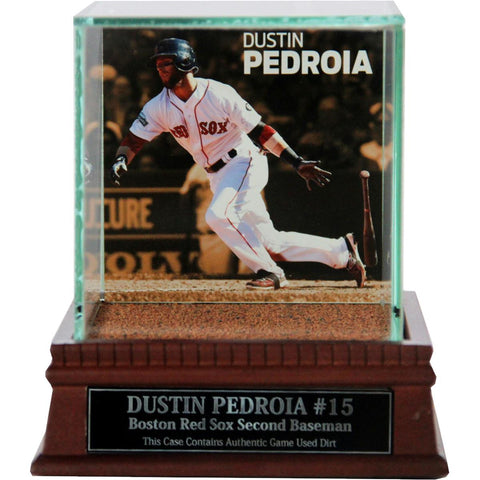 Dustin Pedroia Batting Background Glass Single Baseball w Fenway Park Authentic Dirt & Nameplate