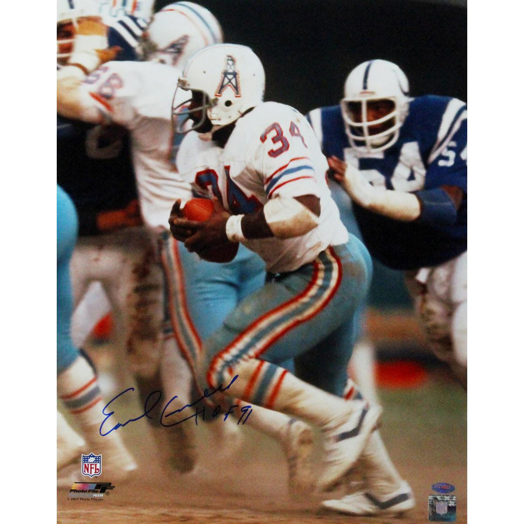 Earl Campbell Houston Oilers Running White Jersey 16x20 Photo w HOF Insc