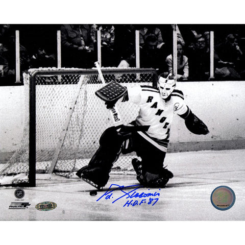 Eddie Giacomin BW Kick Save signed 8x10 Photo w HOF 87 insc.