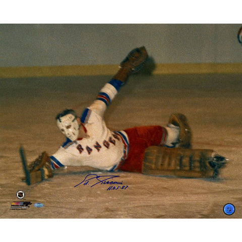 Eddie Giacomin Ranger Save vs Bruins Horizontal 16X20 with HOF Insc