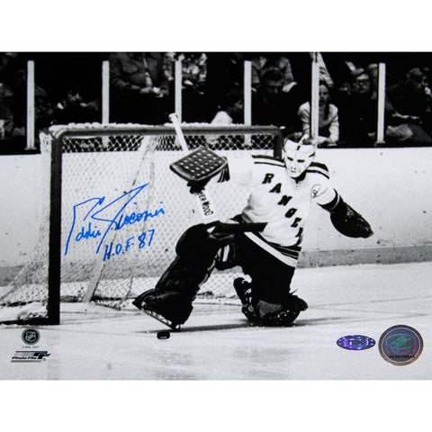 Eddie Giacomin Rangers Kick Save Close Up BW Horizontal 8x10 Photo w HOF Inc.