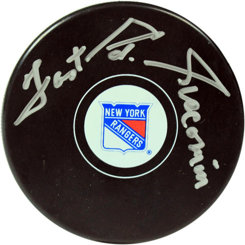 Eddie Giacomin Signed New York Rangers Logo Puck w Fast Ed Giacomin Insc