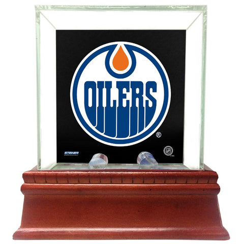 Edmonton Oilers Glass Single Puck Case with Team Logo Background