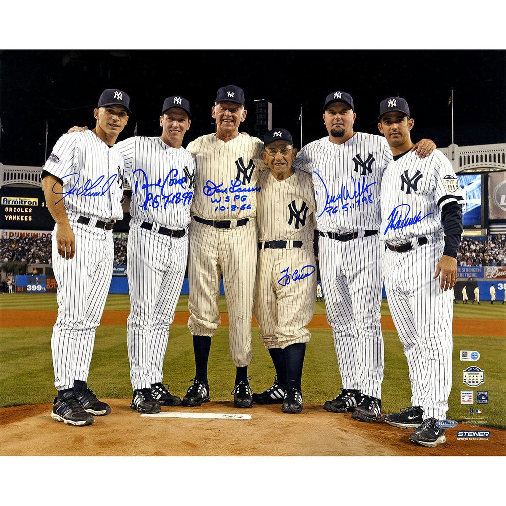 Final Game at Yankee Stadium Perfect Game Battery Mates Signed Metallic 16x20 Photo w PG Insc (MLB Auth) (6 Signatures)