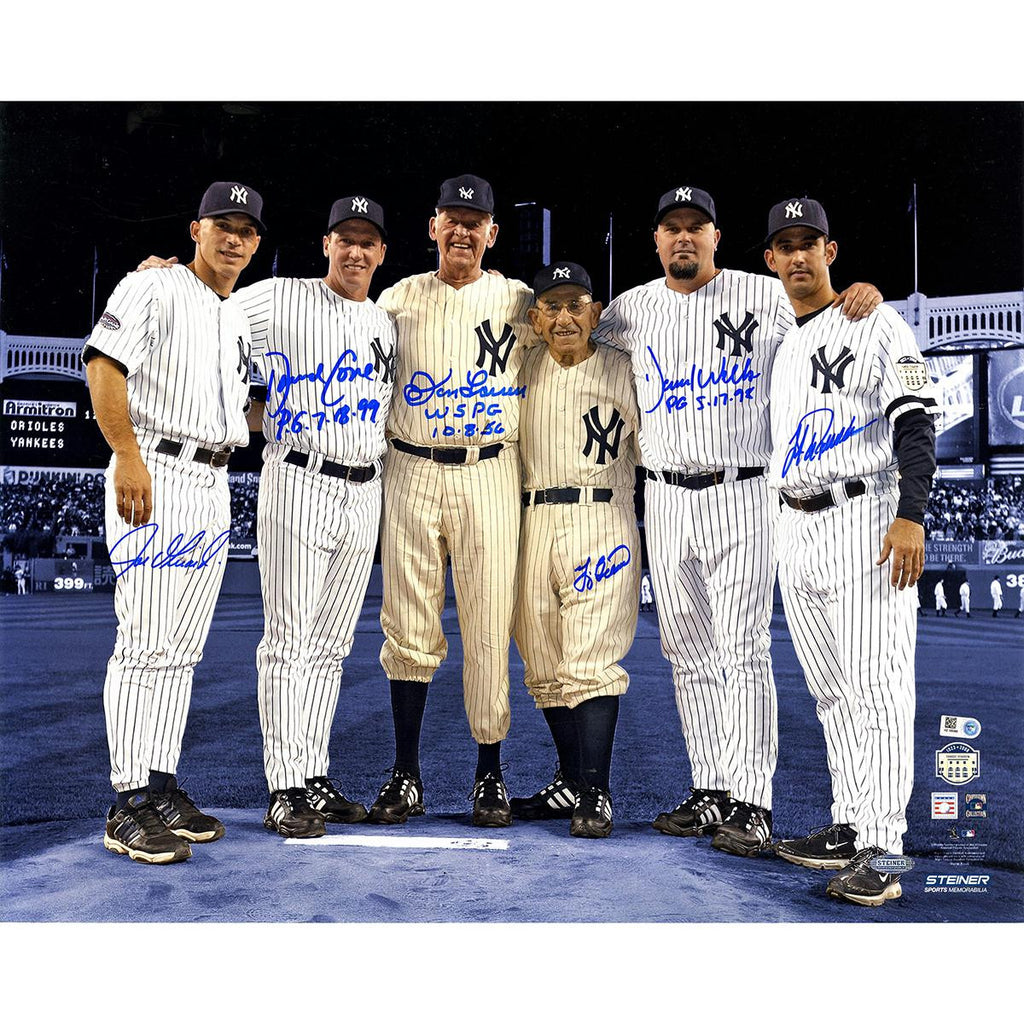 Final Game at Yankee Stadium Perfect Game Battery Mates Signed Metallic Blue Background 16x20 Photo w PG Insc (MLB Auth) (6 Sign