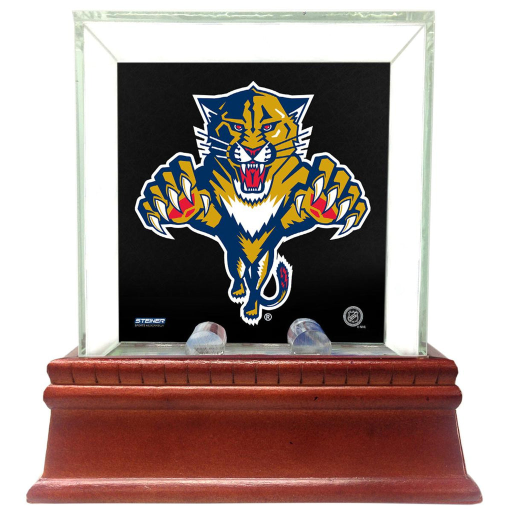 Florida Panthers Glass Single Puck Case with Team Logo Background