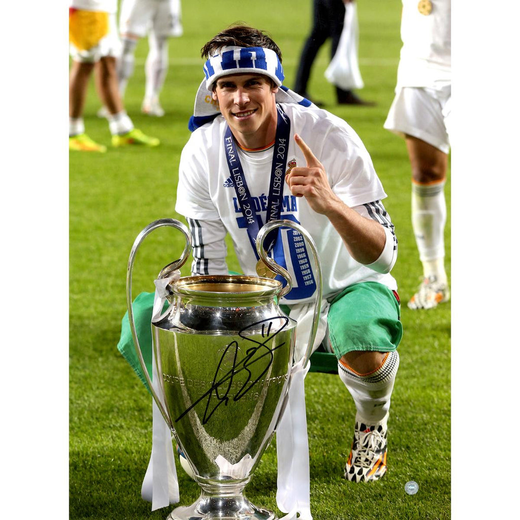 Gareth Bale Signed Real Madrid Close Up Trophy 12x16 Photo UEFA Champions League Trophy (Icons Auth & Third Party Holo)