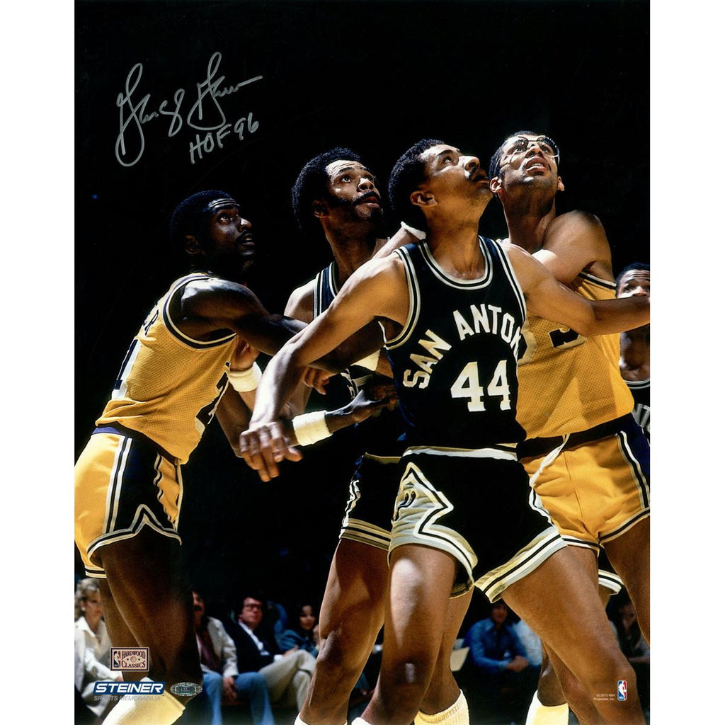 George Gervin Signed Box-0ut vs Lakers 8x10 photo w HOF 96Insc.